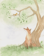 Watercolor-style illustration of a fox sitting under a tree, with a small bird on a branch in the upper left, on a soft green and white background.