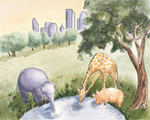 Watercolor-style illustration of an elephant, giraffe, and pig drinking from a pond in a grassy landscape with trees and a city skyline in the background.