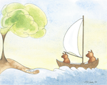 Watercolor-style illustration of two teddy bears sailing in a small wooden boat on blue water under a pale sky, with a green tree on the left.