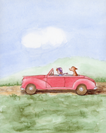 Watercolor-style illustration of a pink convertible car driving on a dirt road through green grass, with a person and a dog in the back seat under a pale blue sky.