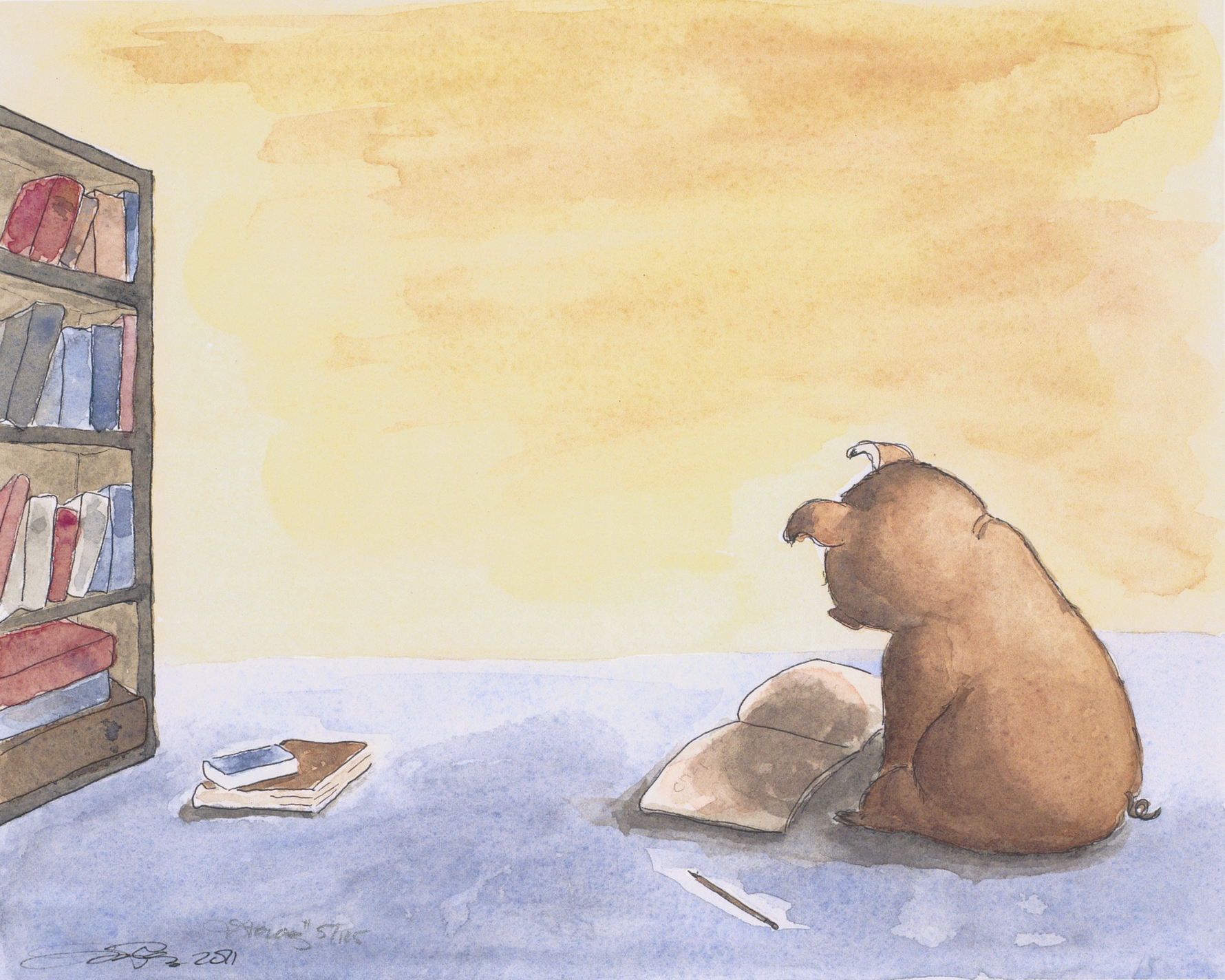Watercolor illustration of a brown pig sitting on a blue floor and reading an open book, with a bookshelf and stacked books on the left against a warm yellow background.