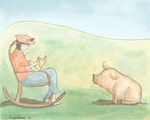 A watercolor-style illustration showing a woman in a pink hat and orange top sitting in a rocking chair reading, with a small pig sitting nearby on a green hill under a pale blue sky.