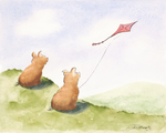 Watercolor-style artwork showing two small brown pigs sitting on green hills and looking up at a pink diamond-shaped kite in a pale blue sky.