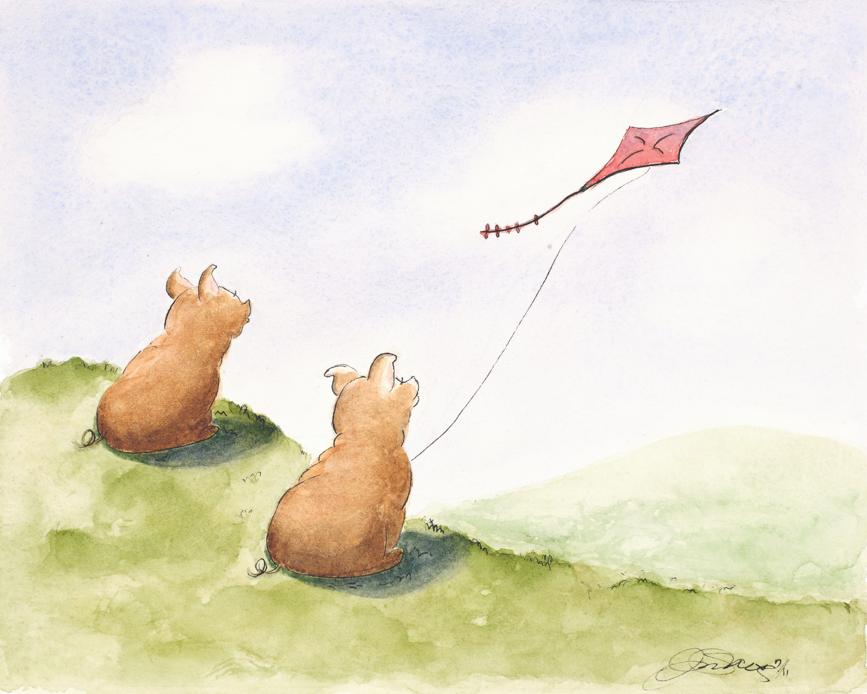 Watercolor-style artwork showing two small brown pigs sitting on green hills and looking up at a pink diamond-shaped kite in a pale blue sky.