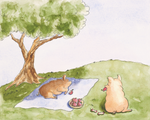 Watercolor-style illustration of a bunny and a pig having a picnic under a large green tree on a grassy hill, with apples on a blanket and a small plate.