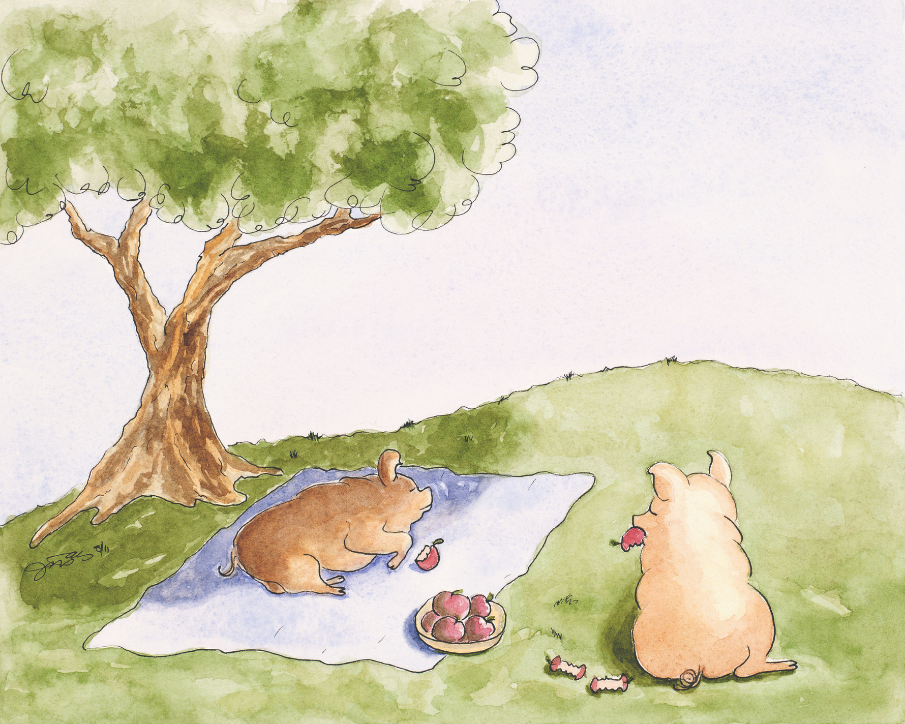 Watercolor-style illustration of a bunny and a pig having a picnic under a large green tree on a grassy hill, with apples on a blanket and a small plate.