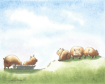 8x10 watercolor art print of cute farm pigs on a grassy green hill for nursery wall decor.