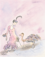 A watercolor and ink illustration of a woman in a flowing pink dress walking beside an ostrich, rendered in soft pastel tones on a pale pink background.