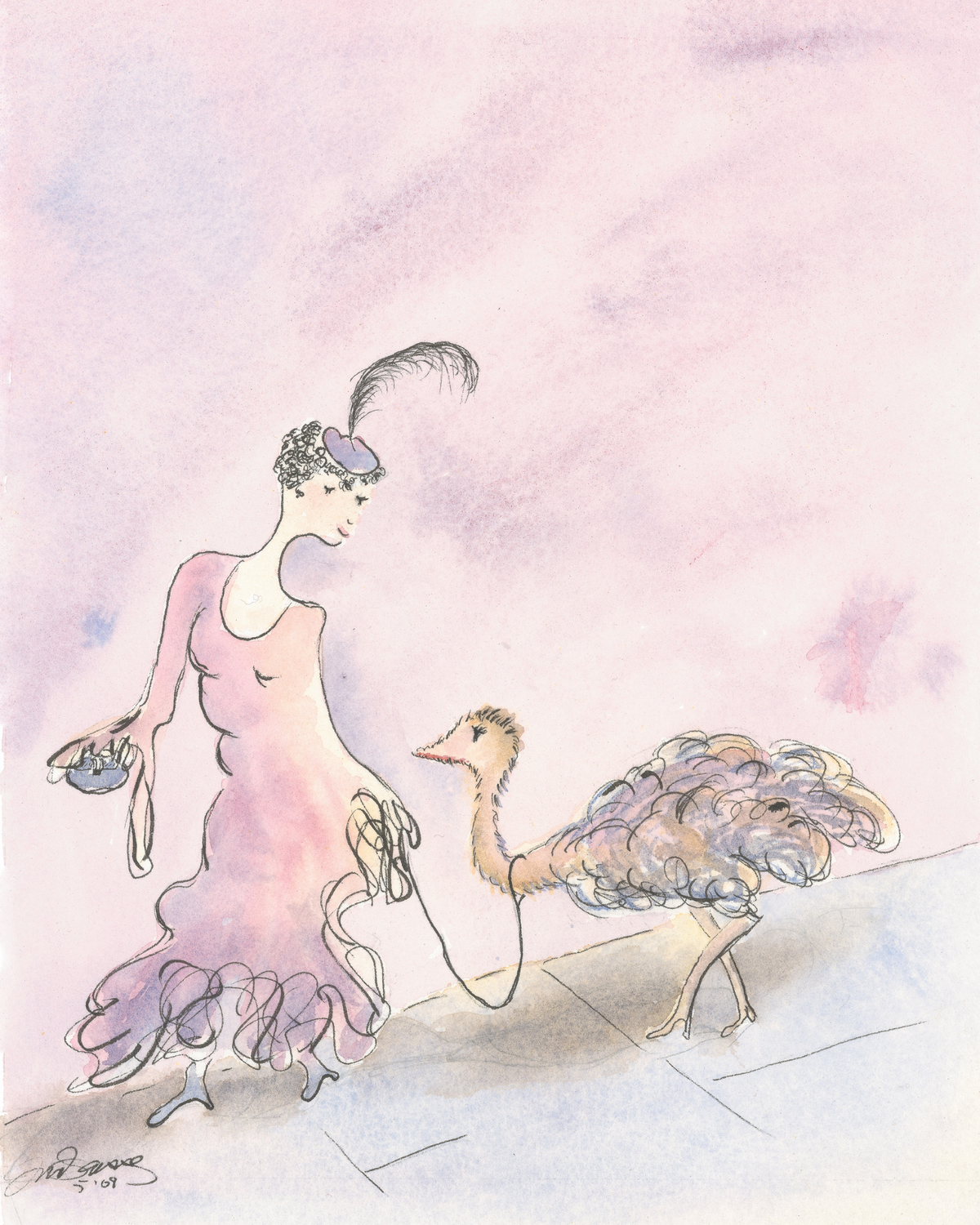A watercolor and ink illustration of a woman in a flowing pink dress walking beside an ostrich, rendered in soft pastel tones on a pale pink background.