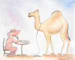A whimsical watercolor illustration showing a camel standing on a sandy ground with a long cord leading to a small table where a woman in a pink dress and wide-brimmed hat sits, against a soft pastel sky background.