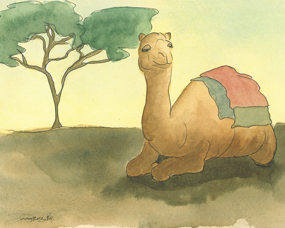 A watercolor-style illustration of a camel sitting on the ground beside a tree, with a pale yellow background and soft green, blue, and pink shading on the camel's body.