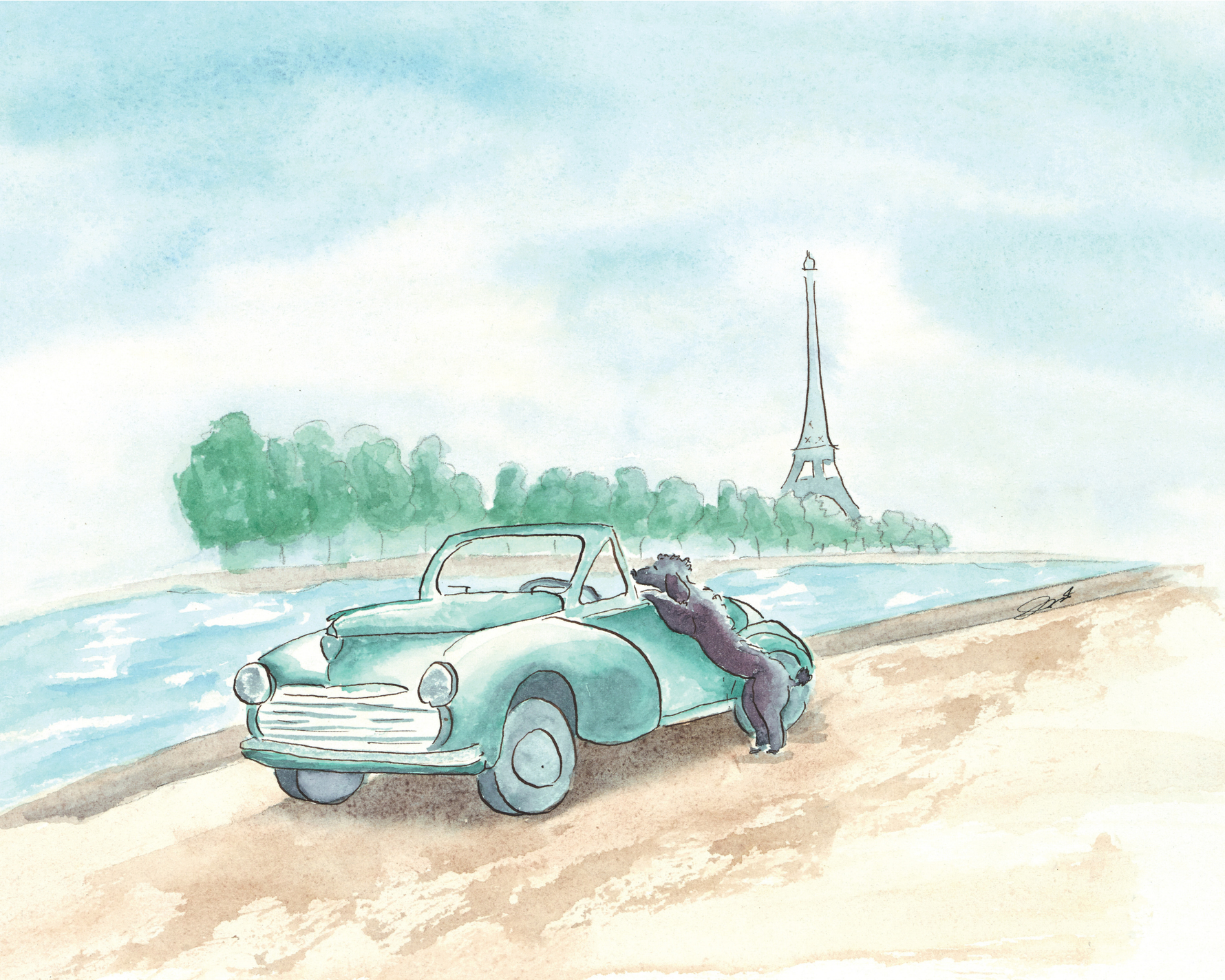 Watercolor-style illustration of a vintage teal convertible car parked beside a river, with a person leaning against the door and the Eiffel Tower in the distance under a pale blue sky.