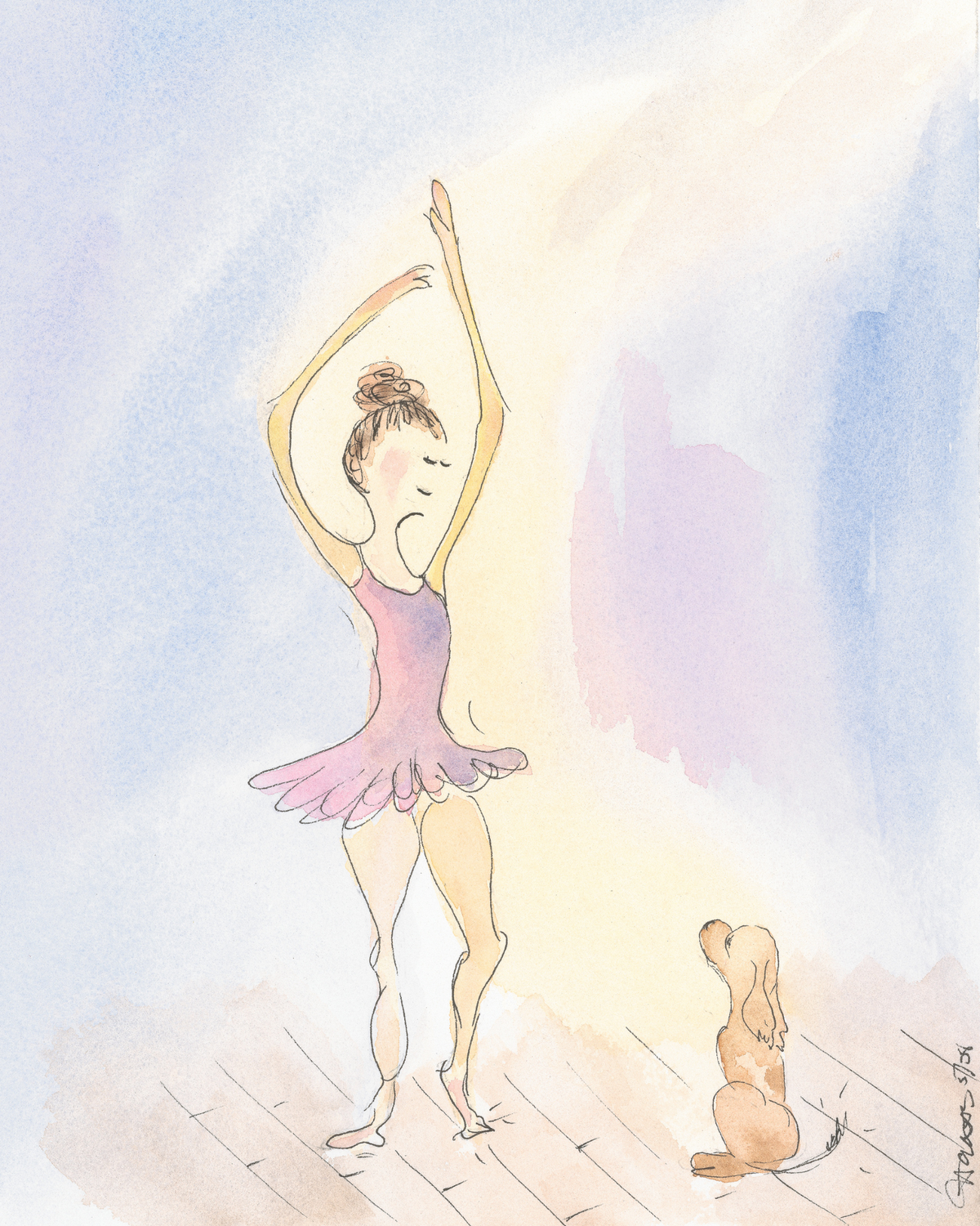 Watercolor painting of a ballerina in a pink and purple leotard posing on a wooden floor, with a small dog sitting beside her against a soft pastel sky background.