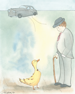 A whimsical watercolor-style illustration showing a yellow duck standing on the ground while a man in a gray suit and bowler hat looks up toward a gray car floating in the sky. The man holds a cane, and the scene has a soft, dreamlike background.