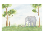 A watercolor-style illustration of a gray elephant standing in a grassy landscape with trees on both sides, under a pale blue sky.
