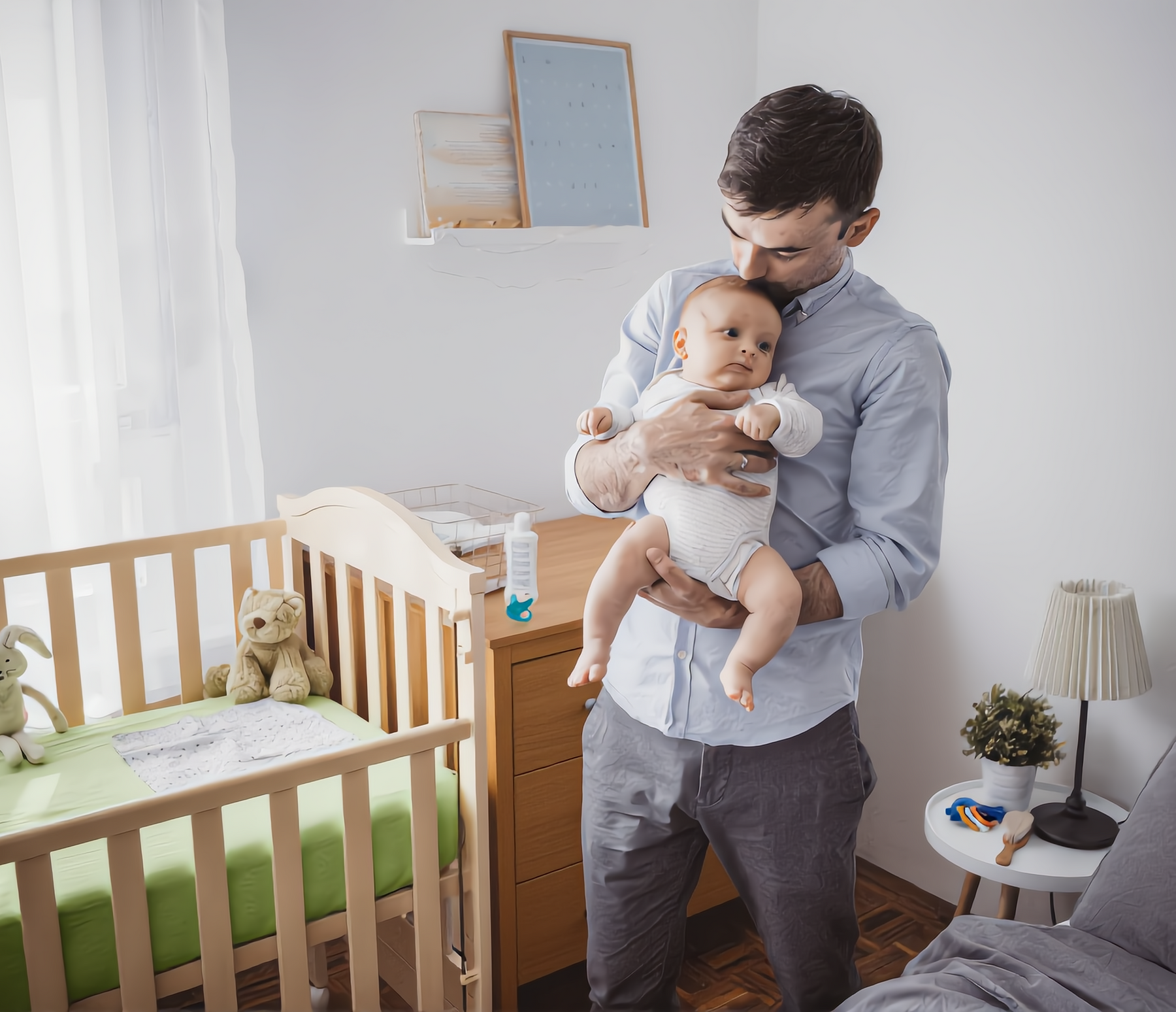 Man holding a baby in a bedroom with a crib and nightstands.